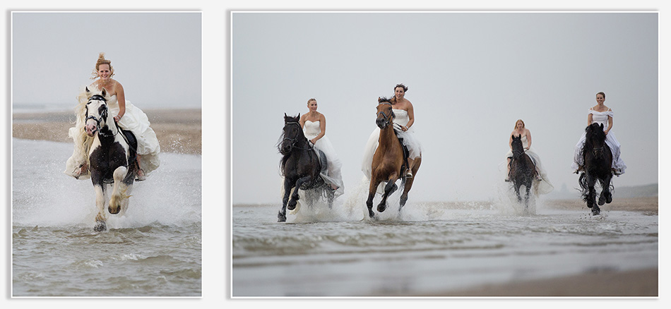Bruiden te paard op het strand van Noordwijk