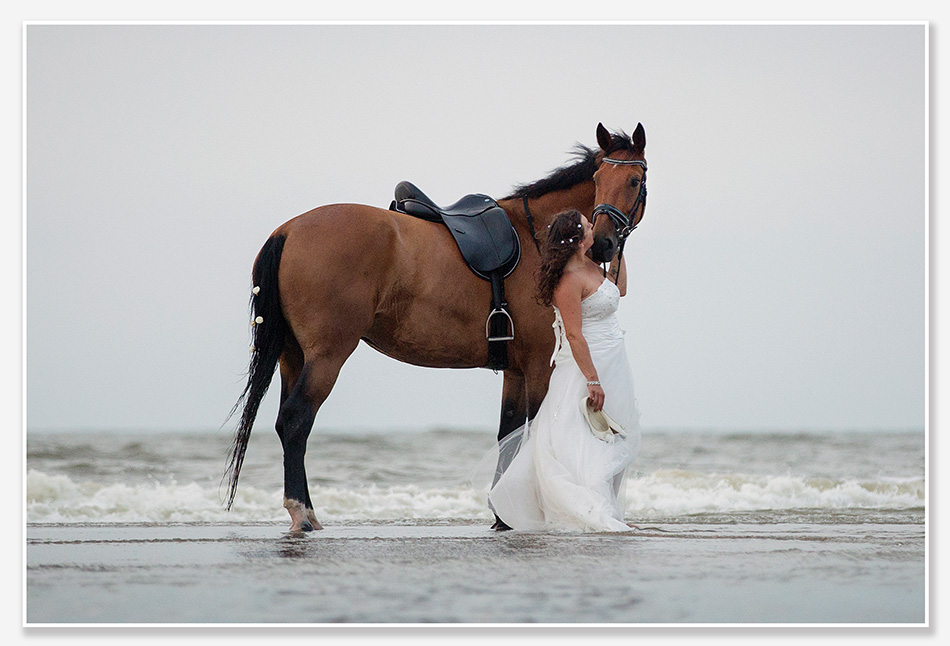 Bruid met paard op het strand van Noordwijk