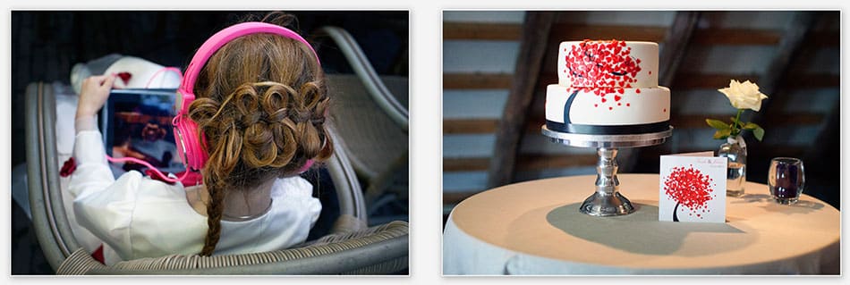 Bijzondere details in het haar van het bruidsmeisje en op de bruidstaart 