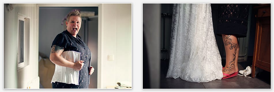 ceremoniemeester helpt met aankleden bruid