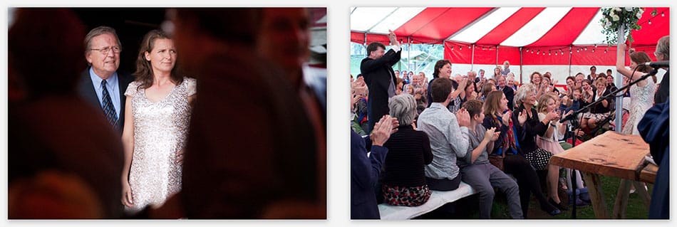 Bruidsfotografie_Utrecht Vader van de bruid brengt haar naar de feesttent