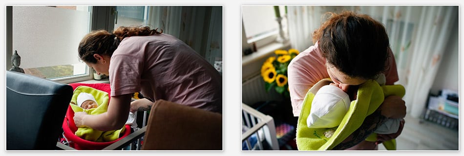 Moeder haalt baby uit bed