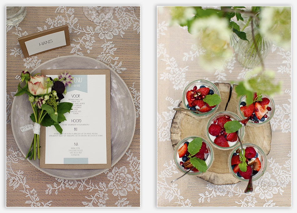 De tafel van deze tuinbruiloft sfeervol gedekt