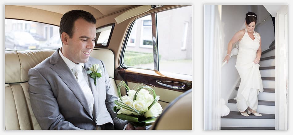 Trouwreportage Bergeijk Bruidegom komt met de auto aan en bruid komt van de trap af