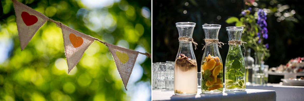 Details van de lange tafel bij bruiloft in Vinkel