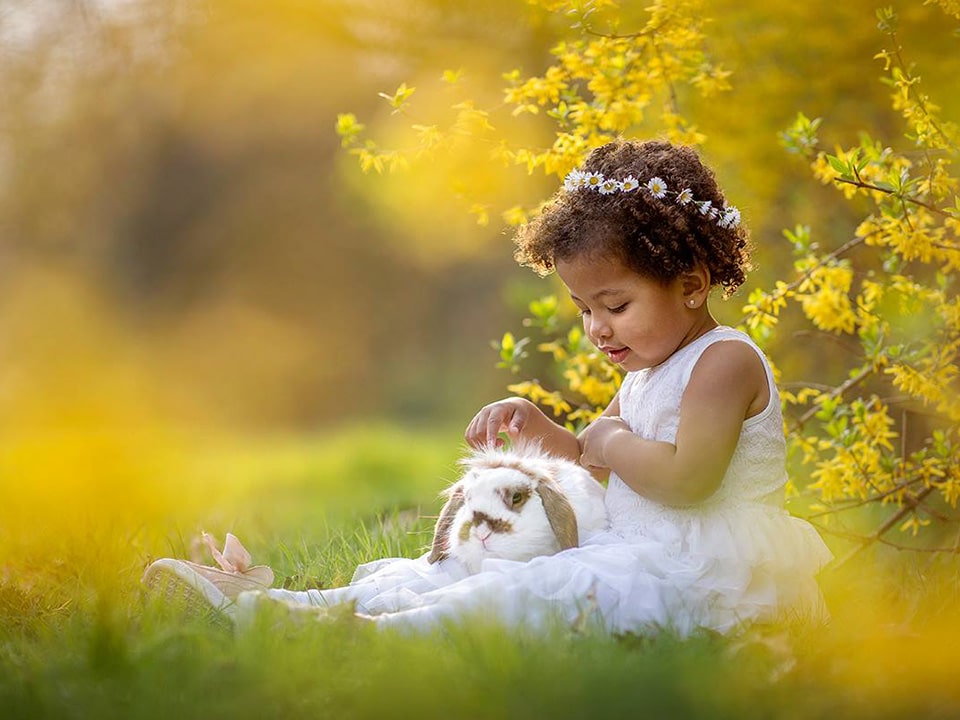 Meisje in witte jurk zit met konijntje op haar schoot tussen witte bloesem