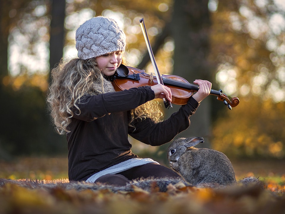 Meisje zit in het herfstbos op de grond viool te spelen terwijl haar konijn er relaxed bij zit en zich poetst