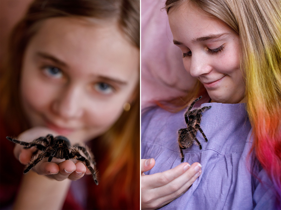 Meisje met bont lang haar houd vogelspin vast en laat haar over haar jurk naar zich toe lopen