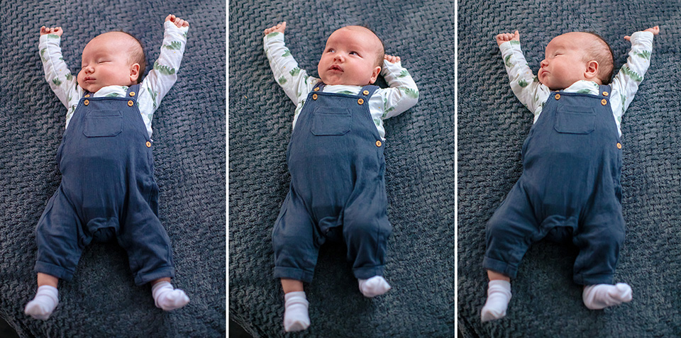 Baby rekt zich uit in verschillende posities en trekt grappige gezichtjes.