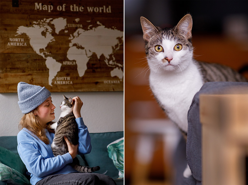 Knuffelmoment tussen kat en vrouwtje tijdens thuisreportage en krachtig portret van de kat