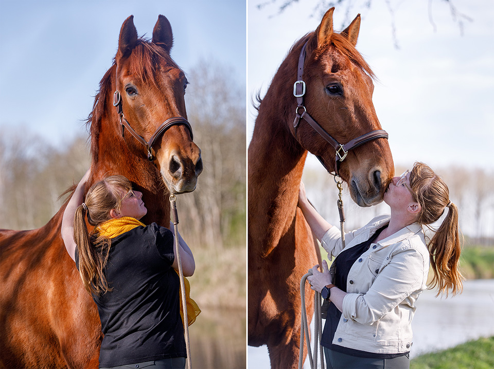Vrouw knuffelt en kust haar voskleurige paard
