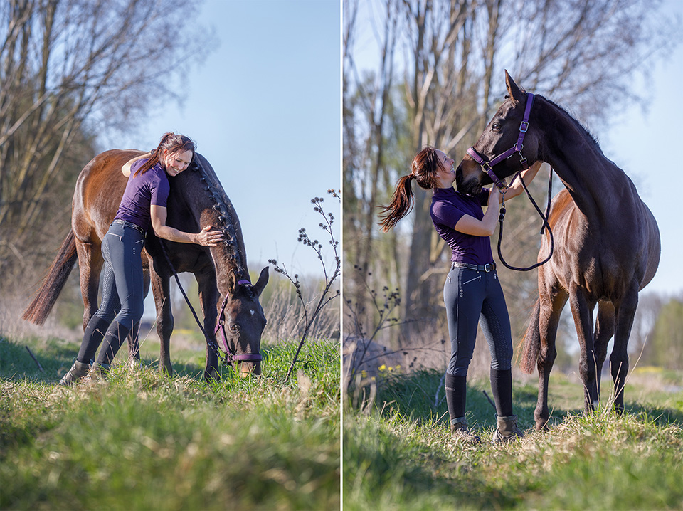 Liefdevolle paardenportretten van vrouw die haar paard knuffelt en aanlacht