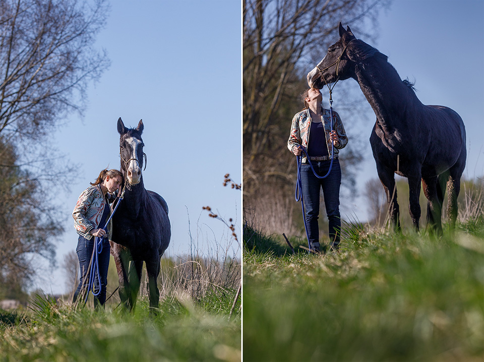 Liefdevolle paardenportretten van vrouw met haar paard langs het kanaal