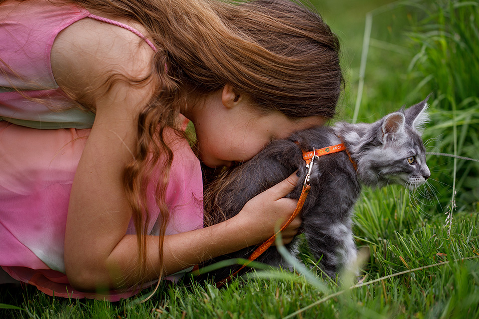 Meisje met lang haar knuffelt met Main Coon kitten in de tuin