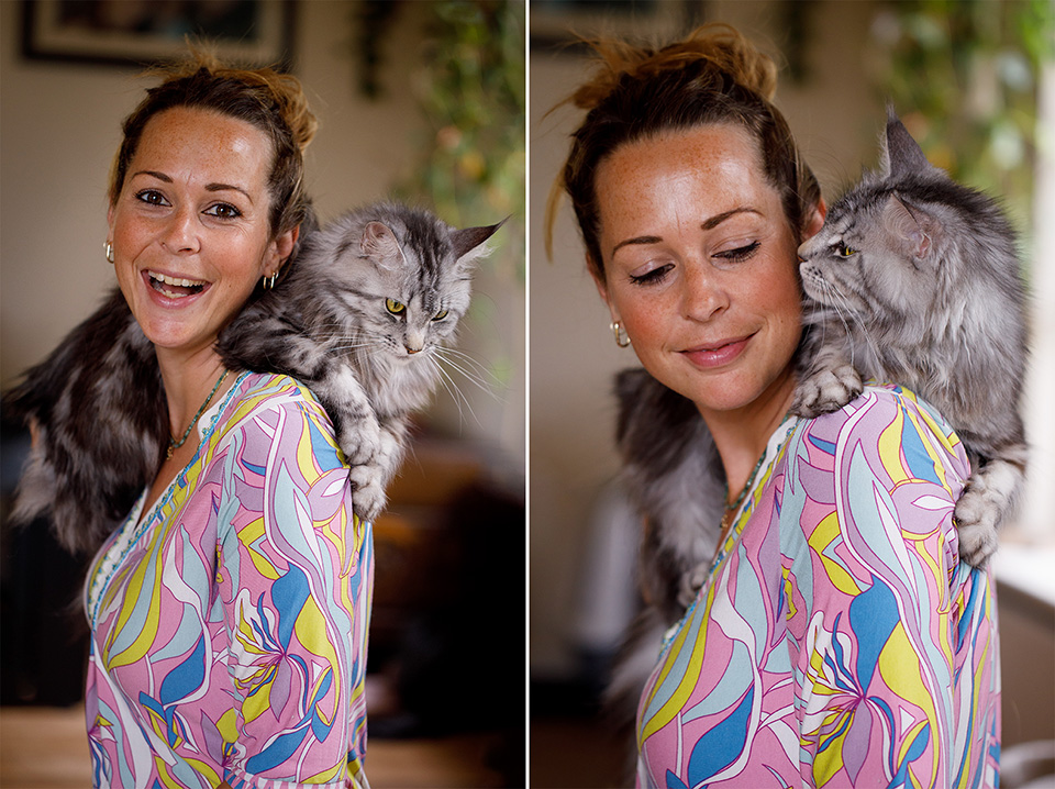 Lachende vrouw heeft Main Coon kat op haar schouder. Dan begint de kat aan haar gezicht te snuffelen. 